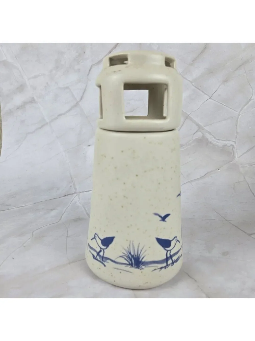 Vintage Sanibel Pottery 1984 Lighthouse Candle Holder Seabirds Cream Blue